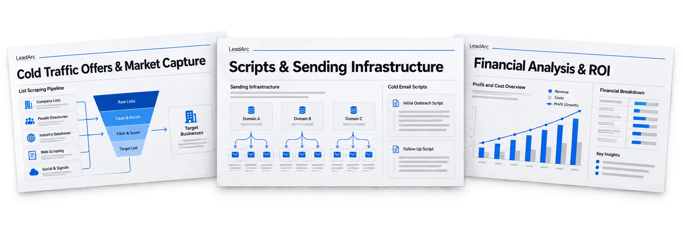 Three overlapping blueprint slides: Cold Traffic Offers & Market Capture with list scraping; Scripts & Sending Infrastructure with domains and inboxes; Financial Analysis & ROI with profit and cost charts.